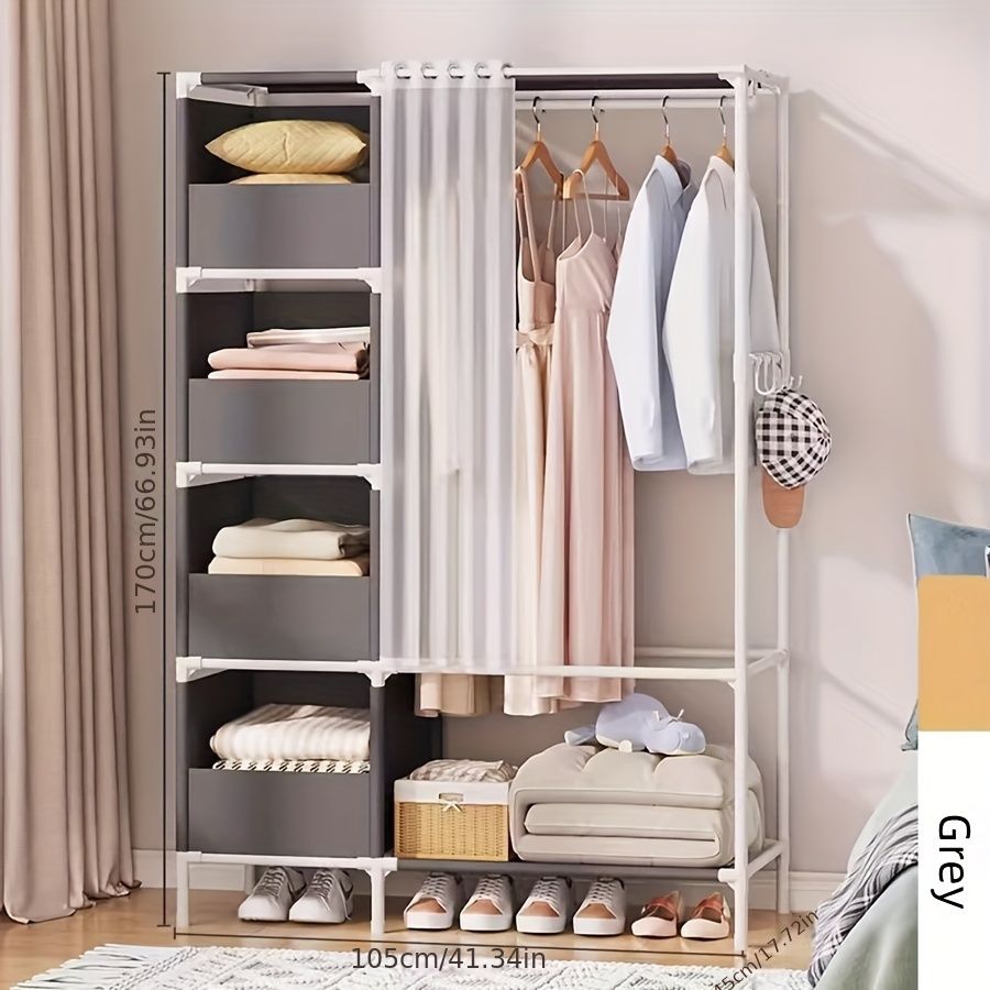 Portable simple wardrobe with 4-tier, separate wardrobe organizer storage system with metal hanging rods and side hooks. Suitable for wardrobes and bedrooms