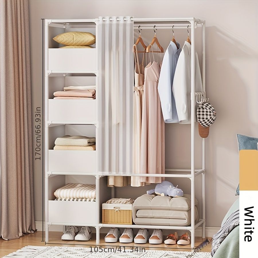 Portable simple wardrobe with 4-tier, separate wardrobe organizer storage system with metal hanging rods and side hooks. Suitable for wardrobes and bedrooms