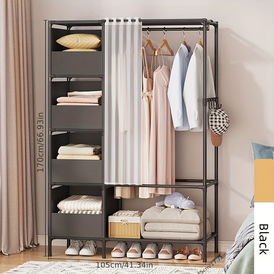 Portable simple wardrobe with 4-tier, separate wardrobe organizer storage system with metal hanging rods and side hooks. Suitable for wardrobes and bedrooms