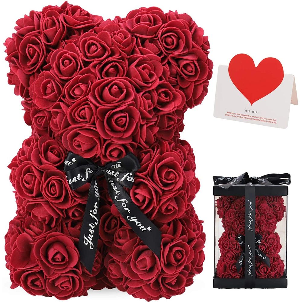 Rose Flower Bear for Valentines Day with Clear Gift Box 10 Inch