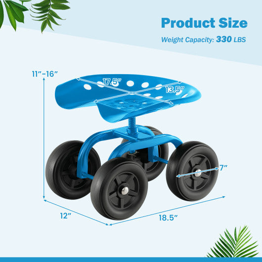 Costway Garden Rolling Workseat with 360? Swivel Seat and Adjustable Height-Blue